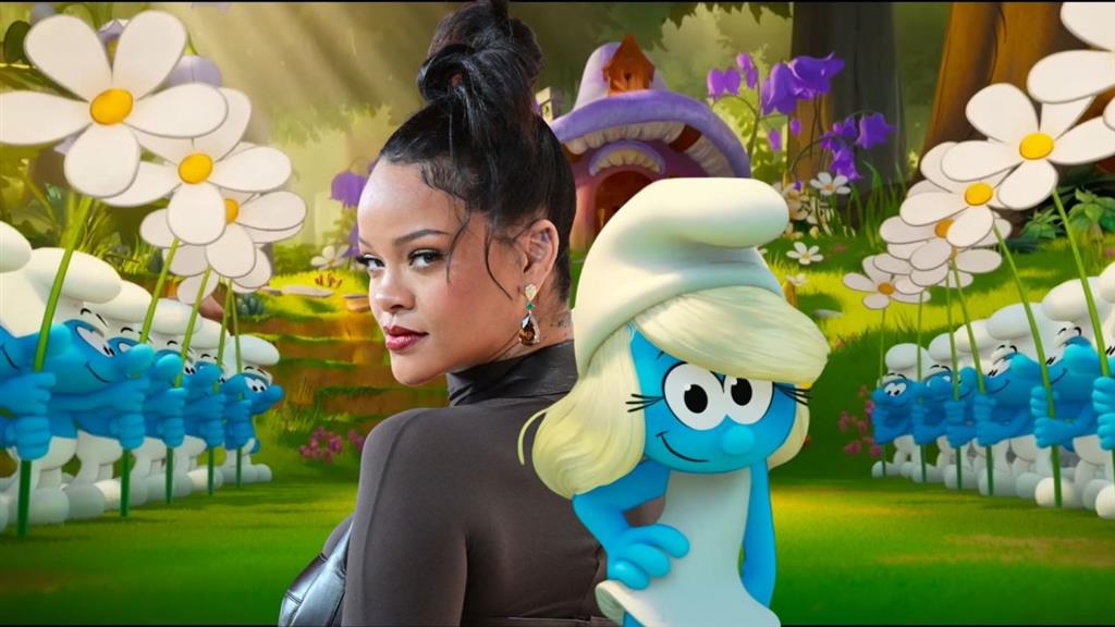 Rihanna brilla de azul en premier de Pitufos en Los Ángeles