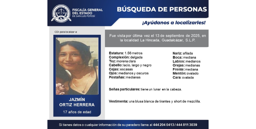  Buscan a Jazmín: desapareció en Guadalcázar