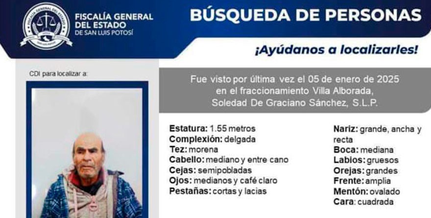 LOCALIZA GUARDIA CIVIL MUNICIPAL DE VILLA DE POZOS A ADULTO MAYOR CON FICHA DE BÚSQUEDA