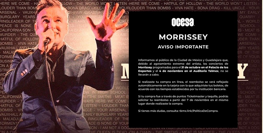 Morrissey vuelve a cancelar sus conciertos en México por “agotamiento extremo”