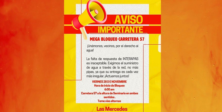Anuncian mega bloqueo en carretera 57