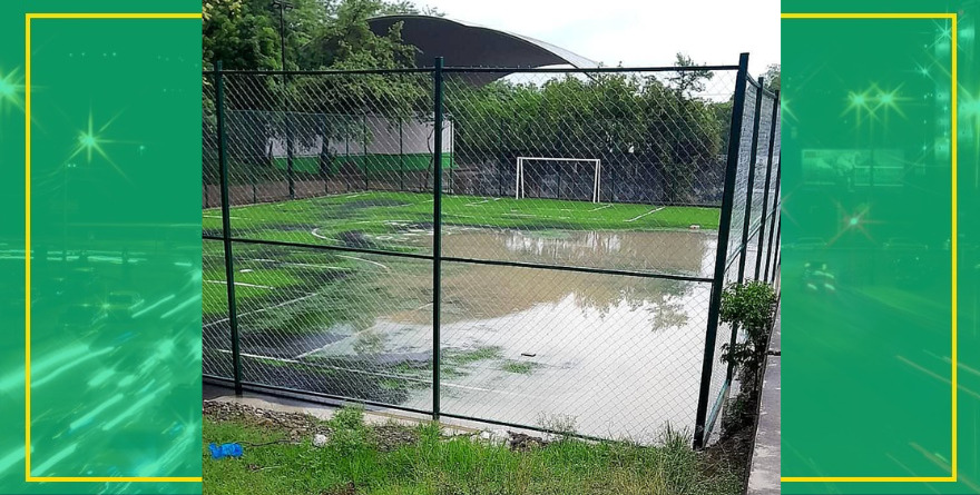 Cancha mundialista nada entre charcos