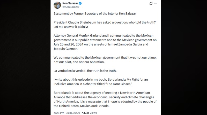 RESPONDE KEN SALAZAR A SHEINBAUM SOBRE CASO MAYO