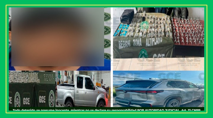 Caen dos con droga, equipo táctico y 90 ponchallantas en SLP