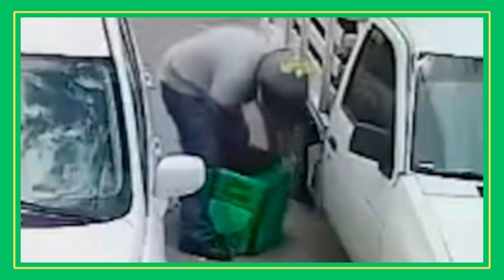 Exhiben a falso repartidor robando en estacionamiento de avenida Himno Nacional