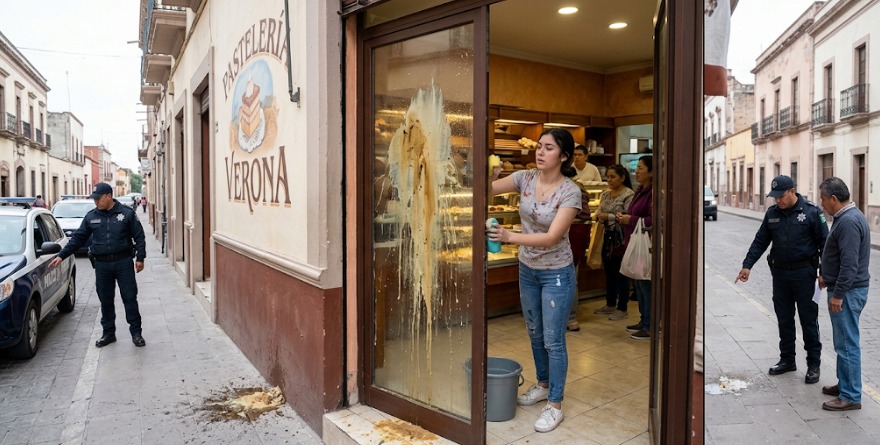 Vandalizan fachada de pastelería local